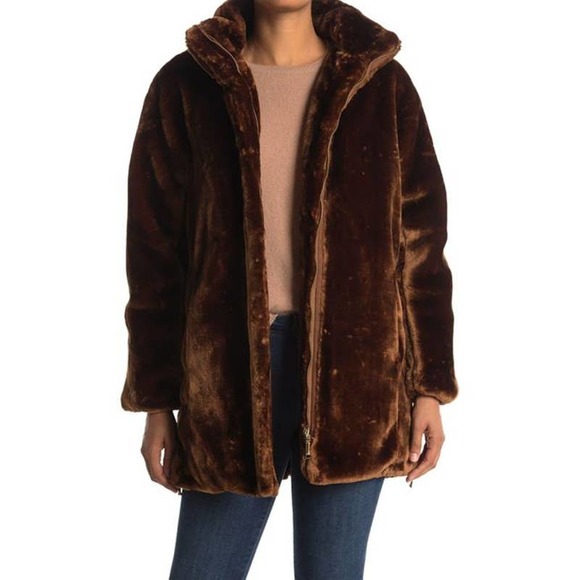 Nine West Jackets & Blazers - NWOT NINE WEST Plush Faux Fur Zip Hem Coat Brown Tobacco color Size M